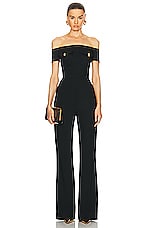 BALMAIN Off Shoulders Flare Crepe Jumpsuit in Noir, view 1, click to view large image.