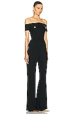 BALMAIN Off Shoulders Flare Crepe Jumpsuit in Noir, view 2, click to view large image.