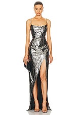 BALMAIN Shiny Python Slit Long Dress in Gris & Noir, view 1, click to view large image.