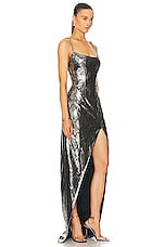 BALMAIN Shiny Python Slit Long Dress in Gris & Noir, view 2, click to view large image.