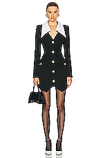 BALMAIN Long Sleeve Buttoned Short Dress in Noir & Blanc, view 1, click to view large image.