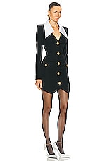 BALMAIN Long Sleeve Buttoned Short Dress in Noir & Blanc, view 2, click to view large image.