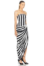 BALMAIN Bustier Stripe Draped Jersey Long Slit Dress in Noir & Lanc, view 2, click to view large image.