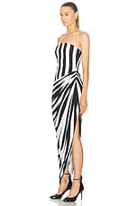 BALMAIN Bustier Stripe Draped Jersey Long Slit Dress in Noir & Lanc, view 3, click to view large image.