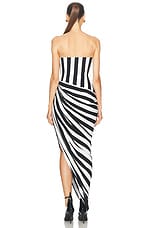 BALMAIN Bustier Stripe Draped Jersey Long Slit Dress in Noir & Lanc, view 4, click to view large image.