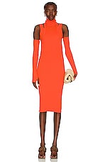 BALMAIN Fingerless Gloved Midi Dress in Orange, view 1, click to view large image.