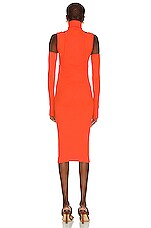 BALMAIN Fingerless Gloved Midi Dress in Orange, view 3, click to view large image.