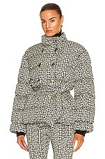 BALMAIN High Neck Belted Monogram Down Jacket in Ivoire & Noir, view 1, click to view large image.