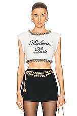 BALMAIN Signature Embroidered Tweed Crop Top in Blanc & Noir, view 1, click to view large image.