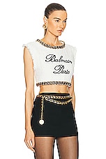 BALMAIN Signature Embroidered Tweed Crop Top in Blanc & Noir, view 2, click to view large image.