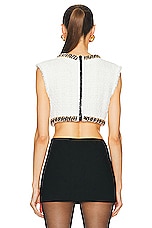 BALMAIN Signature Embroidered Tweed Crop Top in Blanc & Noir, view 3, click to view large image.