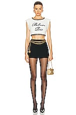 BALMAIN Signature Embroidered Tweed Crop Top in Blanc & Noir, view 4, click to view large image.