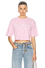 BALMAIN Logo Printed Cropped T-Shirt in Rose & Blanc, view 1, click to view large image.