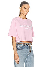 BALMAIN Logo Printed Cropped T-Shirt in Rose & Blanc, view 2, click to view large image.