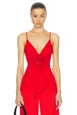 BALMAIN V-Neck Rose Detail Jersey Crepe Top in Rouge, view 1, click to view large image.