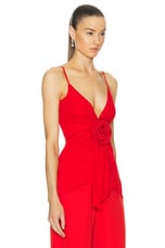 BALMAIN V-Neck Rose Detail Jersey Crepe Top in Rouge, view 2, click to view large image.