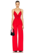 BALMAIN V-Neck Rose Detail Jersey Crepe Top in Rouge, view 4, click to view large image.