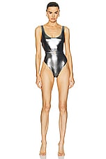 BALMAIN One Piece Belted Swimsuit in Silver, view 1, click to view large image.