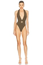 BALMAIN Belted One Piece Swimsuit in Khaki | FWRD