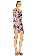 Blumarine One Shoulder Mesh Mini Dress in Stucco & Mauve, view 2, click to view large image.