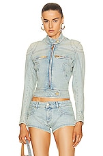 Blumarine Denim Moto Jacket in Sterling Blue, view 1, click to view large image.