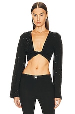 Blumarine Long Sleeve Hot Fix Crop Top in Nero, view 1, click to view large image.