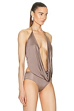 Blumarine Draped Bodysuit in Coffee Liqueur, view 3, click to view large image.