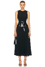 Brandon Maxwell Crew Neck Leather Belt Pleated Dress in Black, view 1, click to view large image.