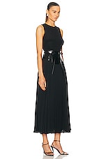 Brandon Maxwell Crew Neck Leather Belt Pleated Dress in Black, view 2, click to view large image.