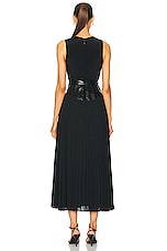 Brandon Maxwell Crew Neck Leather Belt Pleated Dress in Black, view 3, click to view large image.