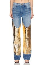 Brandon Maxwell The Cortlandt Denim Pant W/ Metallic Leather Combo in Indigo & Gold, view 1, click to view large image.