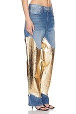 Brandon Maxwell The Cortlandt Denim Pant W/ Metallic Leather Combo in Indigo & Gold, view 2, click to view large image.