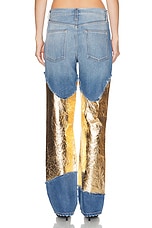 Brandon Maxwell The Cortlandt Denim Pant W/ Metallic Leather Combo in Indigo & Gold, view 3, click to view large image.