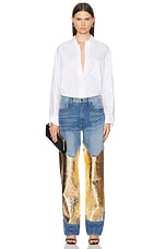 Brandon Maxwell The Cortlandt Denim Pant W/ Metallic Leather Combo in Indigo & Gold, view 4, click to view large image.