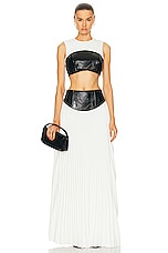 Brandon Maxwell Pleated Leather Yoke Skirt in Black & White, view 4, click to view large image.