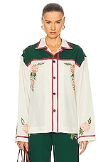 BODE Prarie Rose Overshirt in Green & Ecru, view 1, click to view large image.
