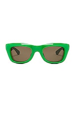 Bottega Veneta Mix Materials Sunglasses in Shiny Solid Green, view 1, click to view large image.