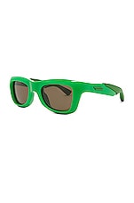 Bottega Veneta Mix Materials Sunglasses in Shiny Solid Green, view 2, click to view large image.