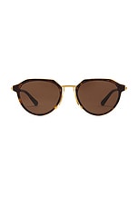 Bottega Veneta Thin Triangle Sunglasses in Havana, Gold, & Brown, view 1, click to view large image.