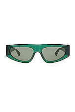 Bottega Veneta Nude Triangle Sunglasses in Shiny Transparent Bottle Green, view 1, click to view large image.