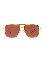 Bottega Veneta Metal Sunglasses in Shiny Gold & Solid Warm Brown, view 1, click to view large image.