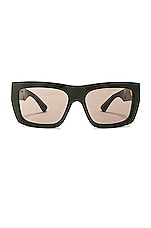 Bottega Veneta Rectangle Sunglasses in Dark Green, view 1, click to view large image.