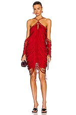 Bottega Veneta Shiny Viscose Fringe Knit Dress in Scarlet, view 1, click to view large image.