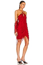 Bottega Veneta Shiny Viscose Fringe Knit Dress in Scarlet, view 2, click to view large image.