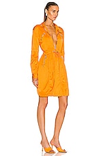Bottega Veneta Fluid Satin Long Sleeve Dress in Tangerine, view 2, click to view large image.