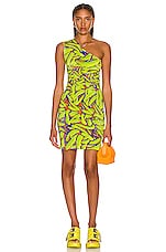 Bottega Veneta Crinkled Banana Print One Shoulder Dress in Green, Blue, & Coral, view 1, click to view large image.