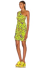 Bottega Veneta Crinkled Banana Print One Shoulder Dress in Green, Blue, & Coral, view 3, click to view large image.