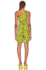 Bottega Veneta Crinkled Banana Print One Shoulder Dress in Green, Blue, & Coral, view 4, click to view large image.