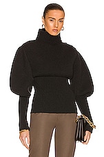 Bottega Veneta Wool Exaggerated Sleeves Sweater in Dark Green, view 1, click to view large image.