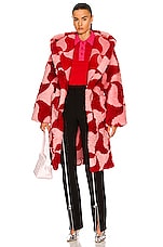 Bottega Veneta Intarsia Wavy Triangle Shearling Belted Coat in Popsicle & Scarlet, view 1, click to view large image.
